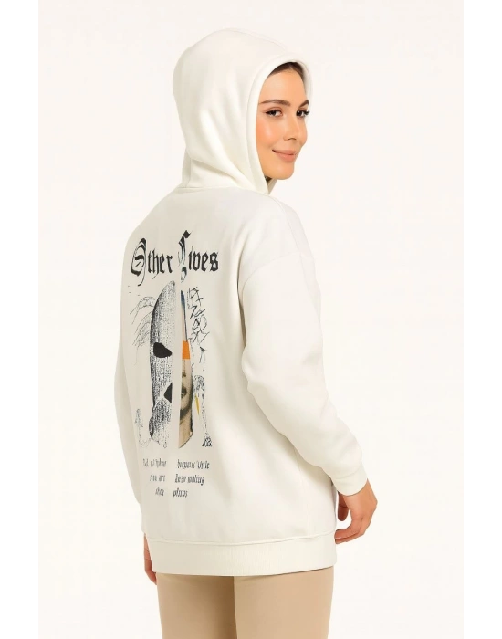 Kadın Kapşonlu Sweatshirt Oversize Üç İplik Şardonlu Other Lives Ön Arka Baskılı - Beyaz