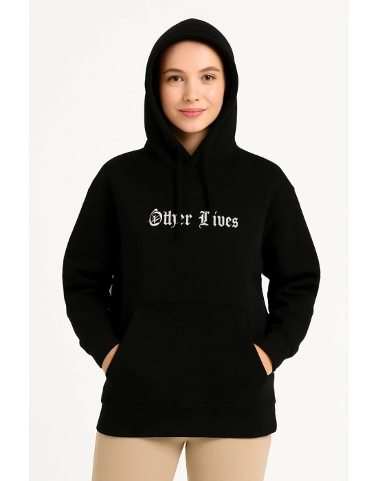 Kadın Kapşonlu Sweatshirt Oversize Üç İplik Şardonlu Other Lives Ön Arka Baskılı - Siyah