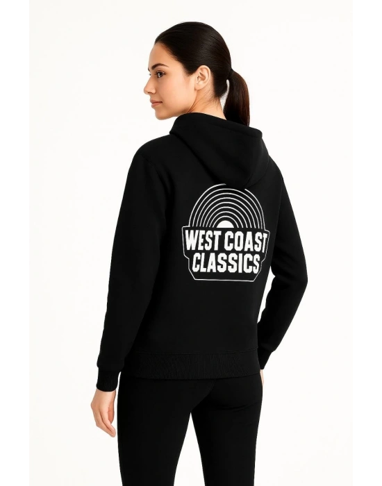Kadın Kapşonlu Sweatshirt Oversize Üç İplik Şardonlu West Coast Classics Ön Arka - Siyah