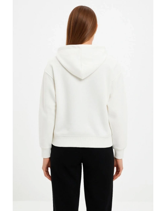 Kadın Kapüşonlu 3 İplik Şardonlu Önü Baskılı Fermuarlı Oversize Sweatshirt - Beyaz