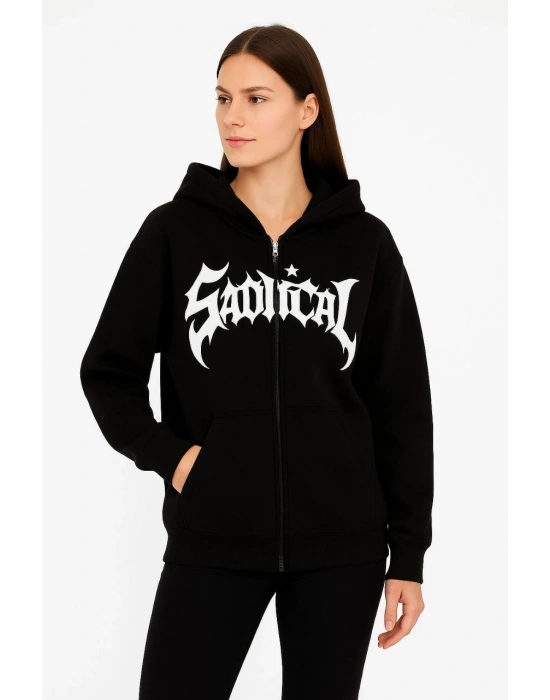 Kadın Kapüşonlu 3 İplik Şardonlu Önü Baskılı Fermuarlı Oversize Sweatshirt - Siyah