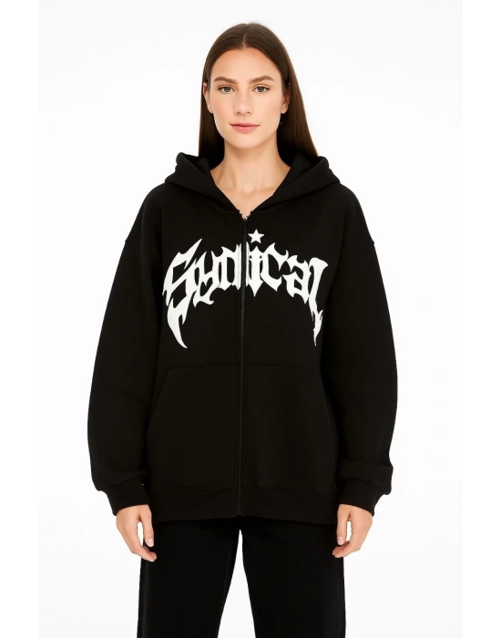 Kadın Kapüşonlu 3 İplik Şardonlu Önü Baskılı Fermuarlı Oversize Sweatshirt - Siyah