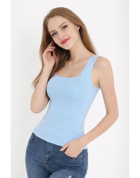 Kadın Kare Yaka Detay Crop - Mavi