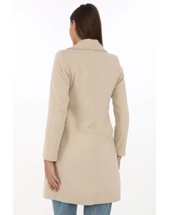 Kadın Kaşe Kaban Siyah Yünlü Dokuma Kruvaze Yaka Astarlı Cepli Kuşaklı Uzun Boy - Bej