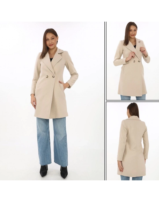 Kadın Kaşe Kaban Siyah Yünlü Dokuma Kruvaze Yaka Astarlı Cepli Kuşaklı Uzun Boy - Bej