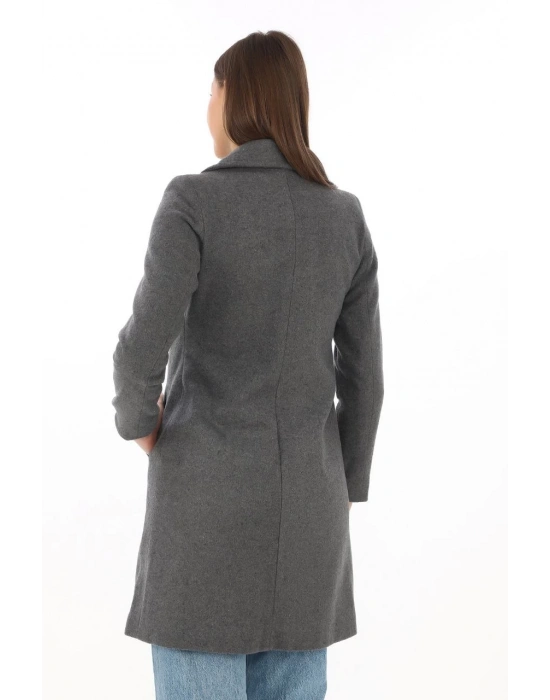 Kadın Kaşe Kaban Siyah Yünlü Dokuma Kruvaze Yaka Astarlı Cepli Kuşaklı Uzun Boy - Füme