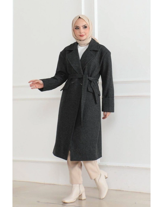 Kadın Kaşe Kaban Uzun Boy 115 cm Kruvaze Yaka Kuşaklı Astarlı Tesettür Kaban Yünlü - Siyah