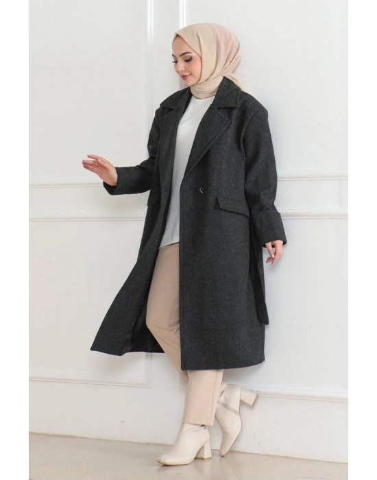 Kadın Kaşe Kaban Uzun Boy 115 cm Kruvaze Yaka Kuşaklı Astarlı Tesettür Kaban Yünlü - Siyah