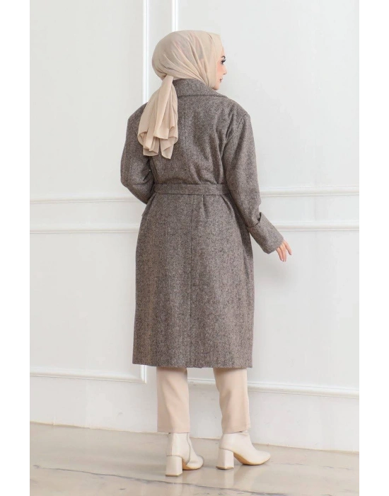 Kadın Kaşe Kaban Uzun Boy Kruvaze Yaka Kuşaklı Tesettür Kaşe Kaban Astarlı Yünlü - Vizon