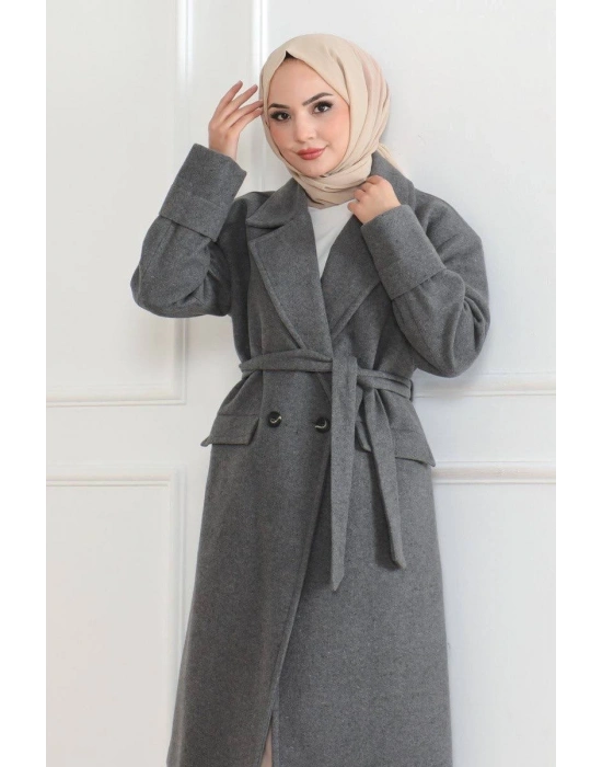 Kadın Kaşe Kaban Uzun Boy Kruvaze Yaka Kuşaklı Tesettür Kaşe Kaban Astarlı Yünlü - Gri