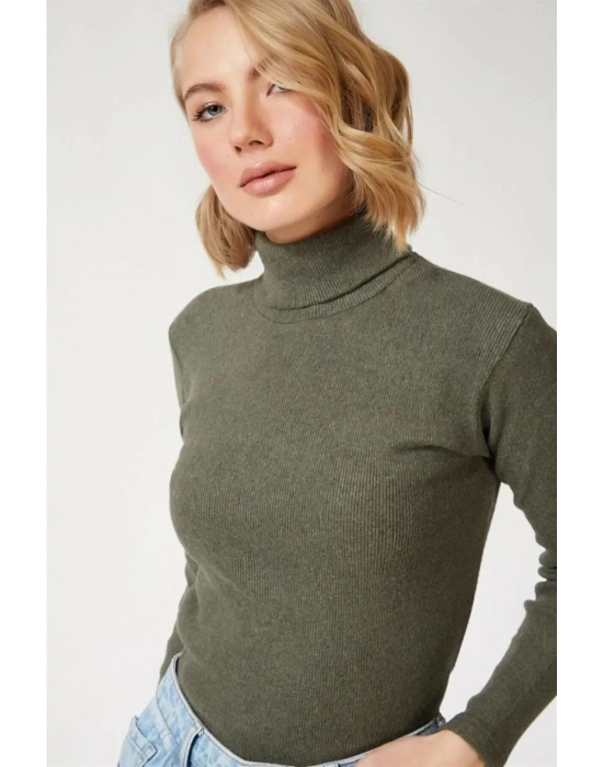 Kadın Kaşkorse Boğazlı Full Likralı Fitilli Body Kazak - Haki