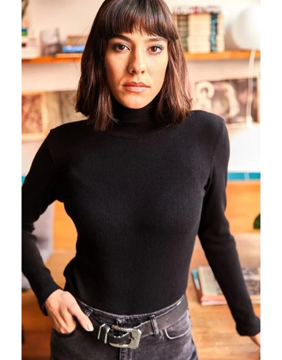 Kadın Kaşkorse Boğazlı Full Likralı Fitilli Body Kazak - Siyah