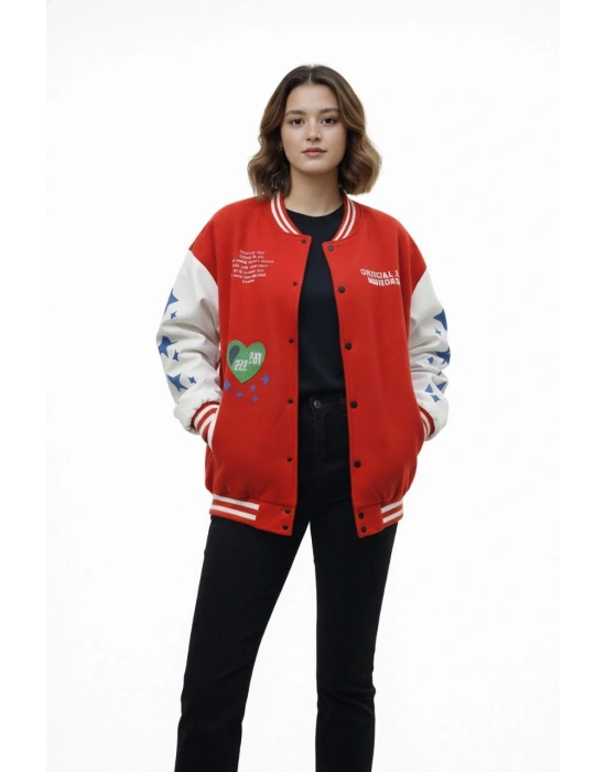 Kadın Kırmızı Varsity Çıtçıtlı Baskılı Oversize kalıp Kolej Ceket - Kırmızı