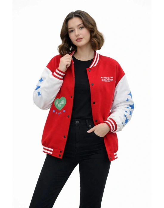 Kadın Kırmızı Varsity Çıtçıtlı Baskılı Oversize kalıp Kolej Ceket - Kırmızı