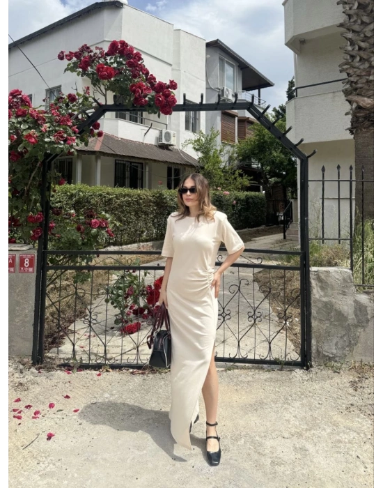 Kadın Kısa Kollu Uzun Yandan Yırtmaçlı Elbise - Bej