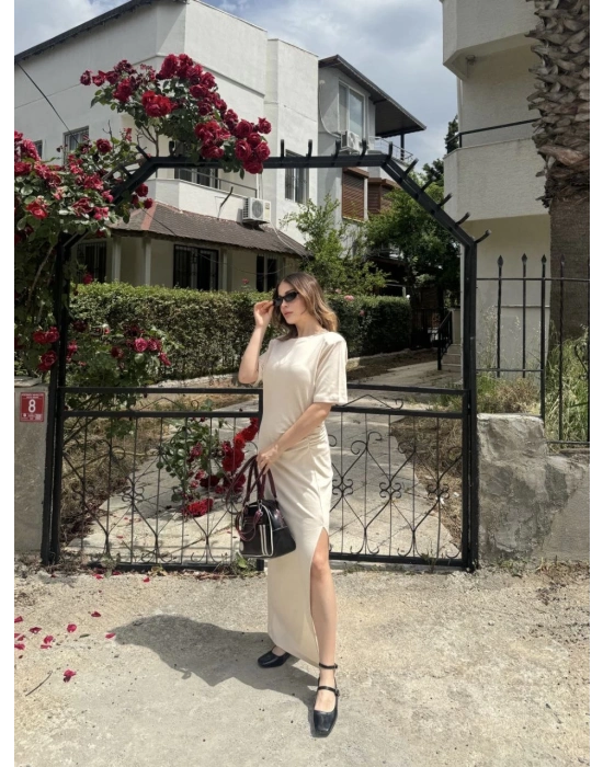 Kadın Kısa Kollu Uzun Yandan Yırtmaçlı Elbise - Bej