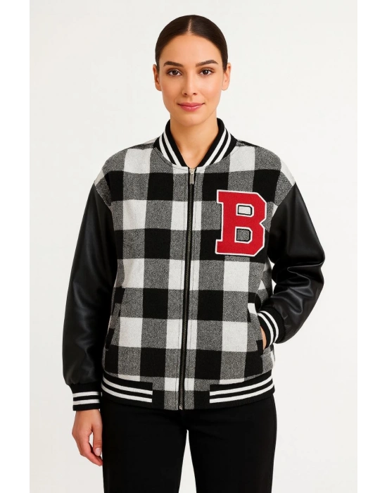 Kadın Kolej Ceket Kareli Oduncu Kolları Suni Deri Fermuarlı İçi Kapitone Astarlı - Gri