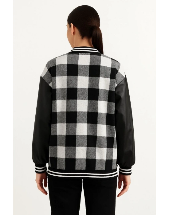 Kadın Kolej Ceket Kareli Oduncu Kolları Suni Deri Fermuarlı İçi Kapitone Astarlı - Gri