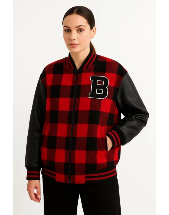 Kadın Kolej Ceket Kareli Oduncu Kolları Suni Deri Fermuarlı İçi Kapitone Astarlı - Bordo