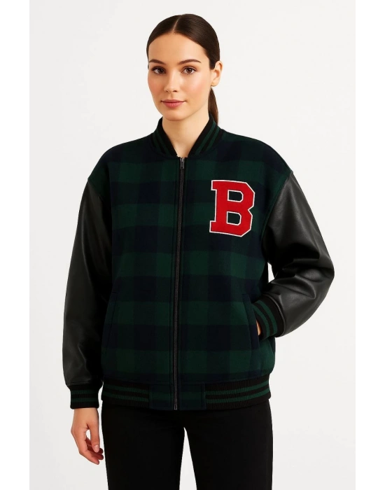 Kadın Kolej Ceket Kareli Oduncu Kolları Suni Deri Fermuarlı İçi Kapitone Astarlı - Haki