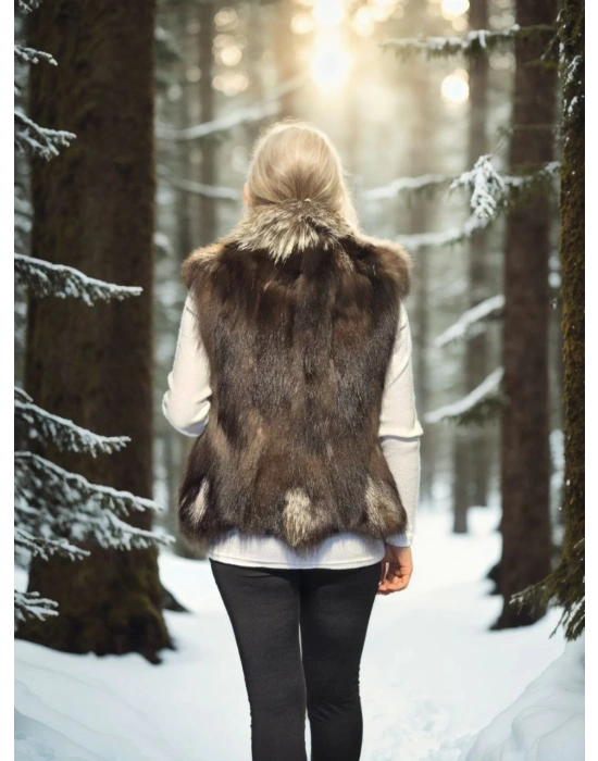 Kadın Kolsuz Fermuarlı Yelek - Kahve