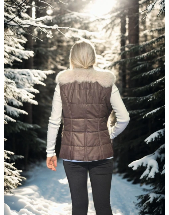 Kadın Kolsuz Fermuarlı Yelek - Kahve