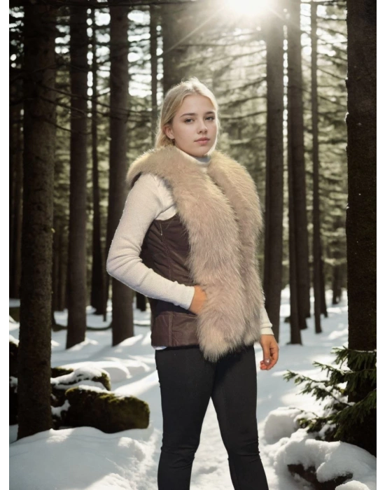 Kadın Kolsuz Fermuarlı Yelek - Kahve