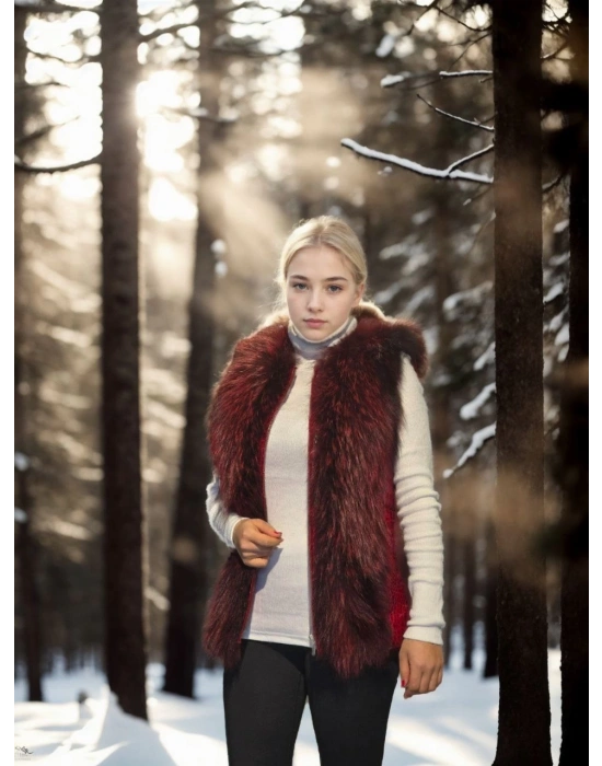 Kadın Kolsuz Fermuarlı Yelek - Kırmızı