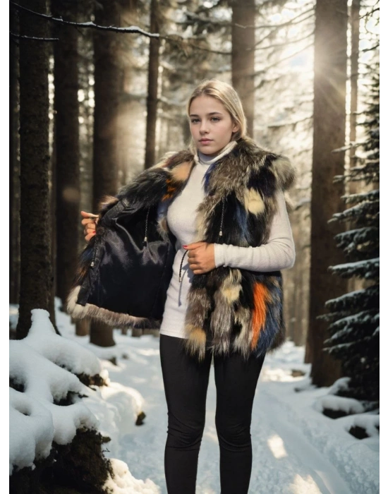 Kadın Kolsuz Hakiki Deri Ceket - Siyah