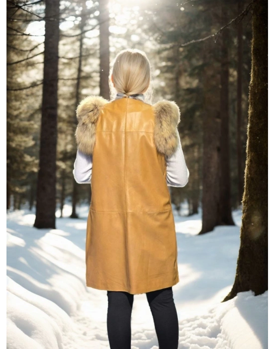 Kadın Kolsuz Hakiki Deri Kürk - Hardal