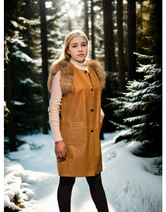 Kadın Kolsuz Hakiki Deri Kürk - Hardal