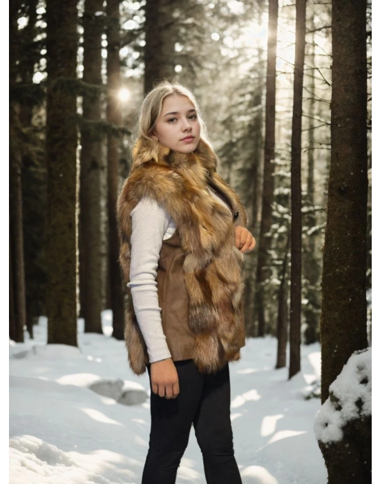 Kadın Kolsuz Hakiki Deri Kürk - Kahve