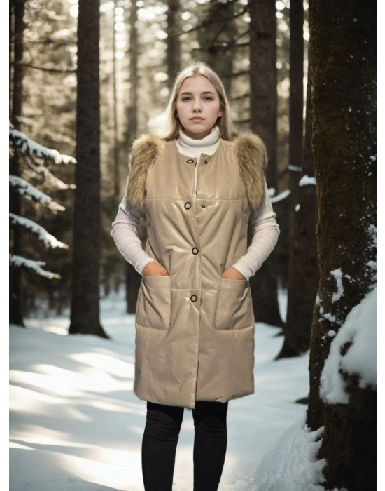 Kadın Kolsuz Hakiki Deri Kürk - Krem