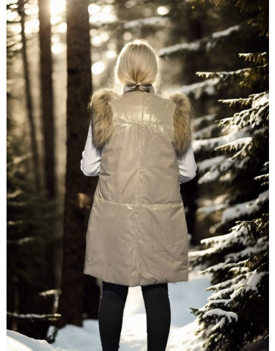 Kadın Kolsuz Hakiki Deri Kürk - Krem