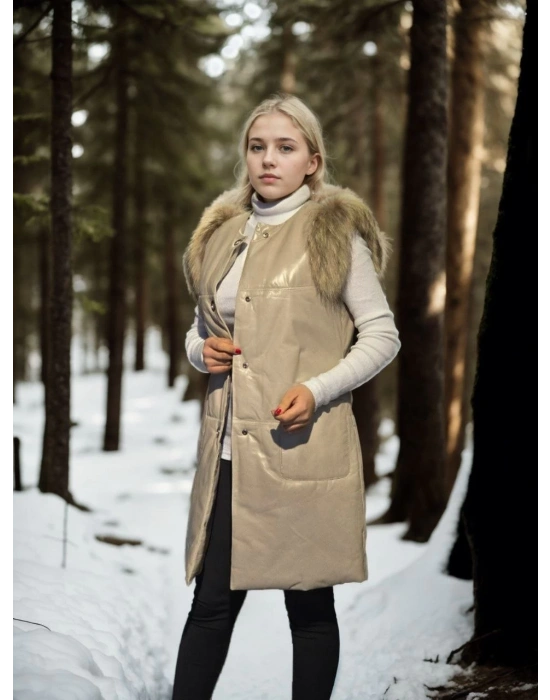 Kadın Kolsuz Hakiki Deri Kürk - Krem