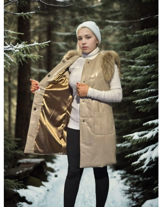 Kadın Kolsuz Hakiki Deri Kürk - Krem