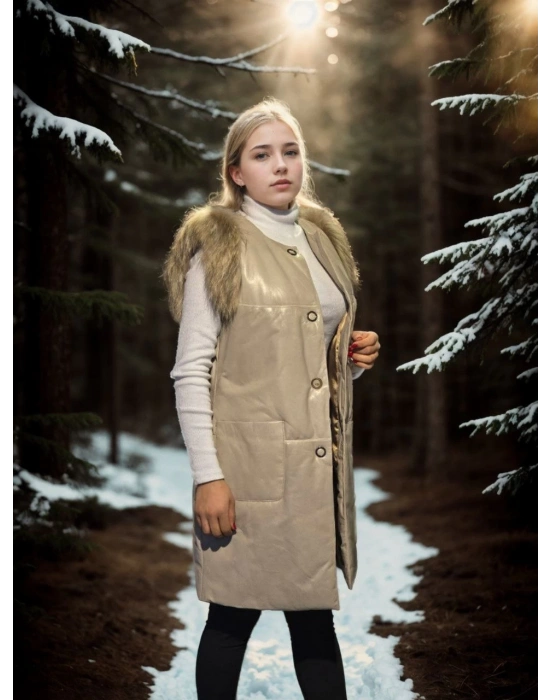 Kadın Kolsuz Hakiki Deri Kürk - Krem