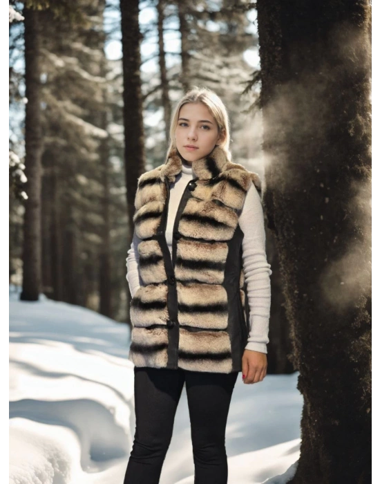 Kadın Kolsuz Hakiki Deri Kürk - Siyah