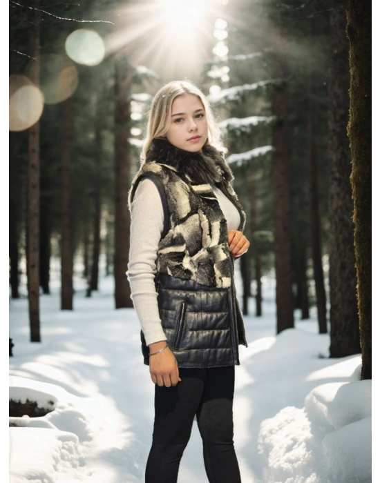 Kadın Kolsuz Hakiki Deri Kürk - Siyah