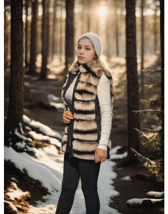 Kadın Kolsuz Hakiki Deri Kürk - Siyah