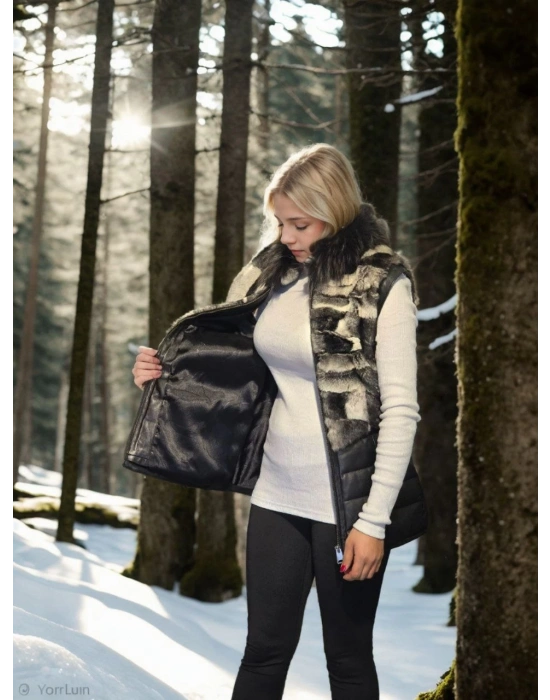 Kadın Kolsuz Hakiki Deri Kürk - Siyah