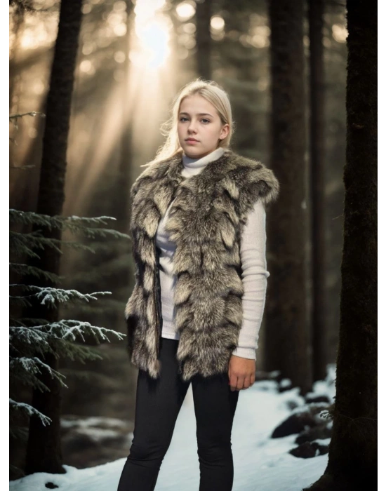 Kadın Kolsuz Hakiki Deri Kürk - Siyah