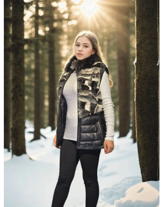 Kadın Kolsuz Hakiki Deri Kürk - Siyah