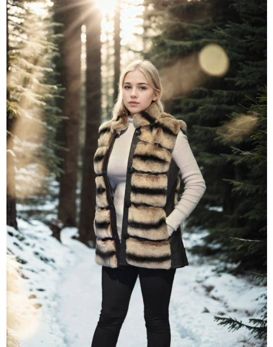 Kadın Kolsuz Hakiki Deri Kürk - Siyah