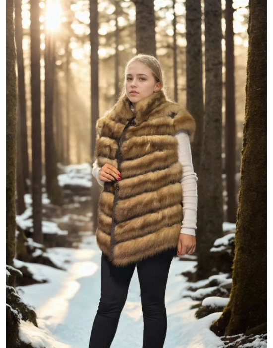 Kadın Kolsuz Hakiki Kürk - Kahve