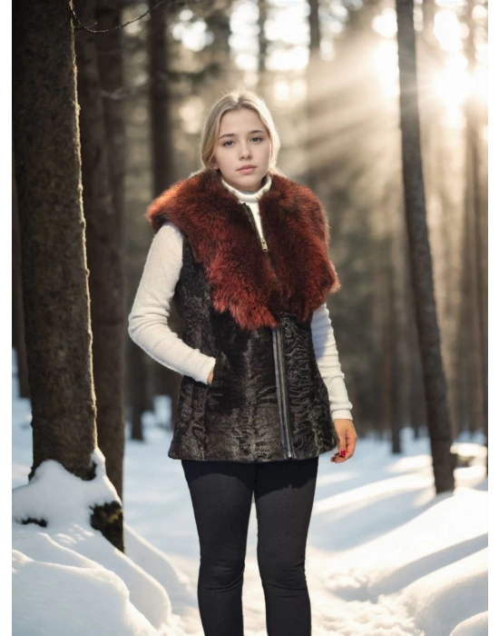 Kadın Kolsuz Hakiki Kürk - Siyah