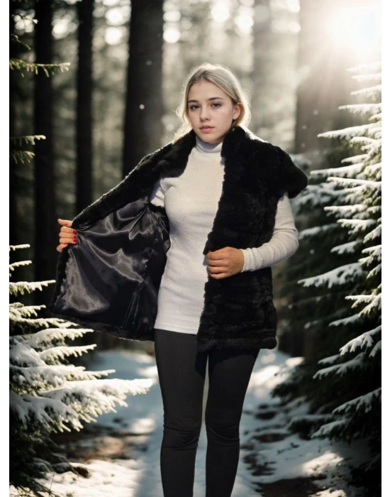 Kadın Kolsuz Hakiki Kürk - Siyah