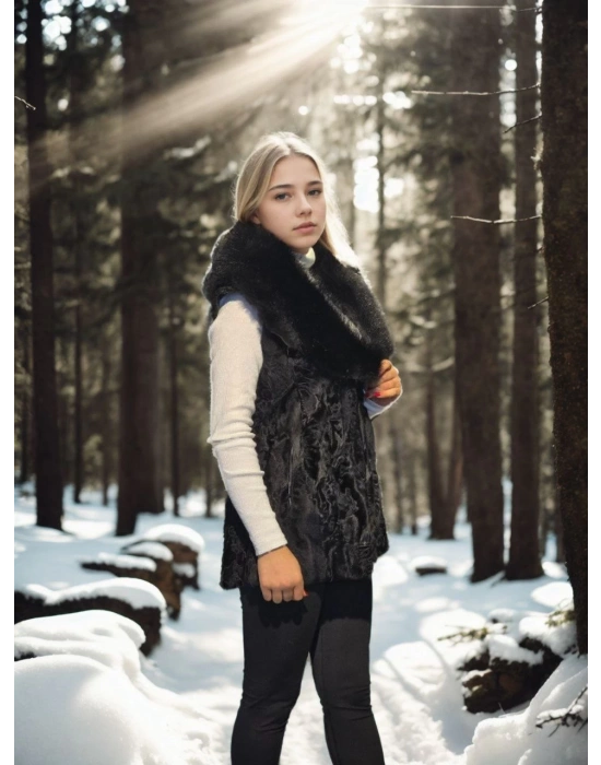 Kadın Kolsuz Hakiki Kürk - Siyah