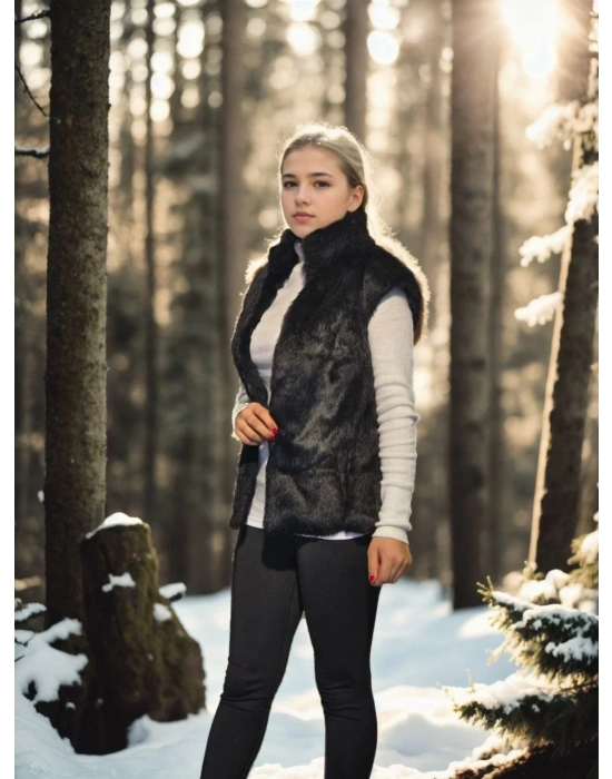 Kadın Kolsuz Hakiki Kürk - Siyah