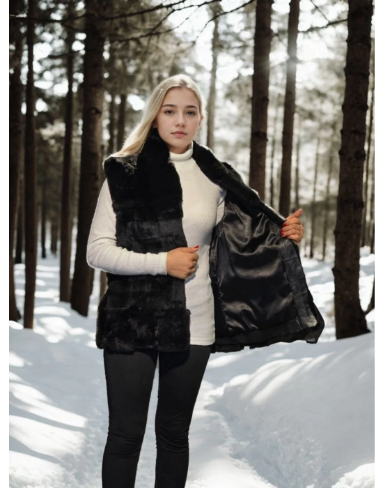 Kadın Kolsuz Hakiki Kürk - Siyah